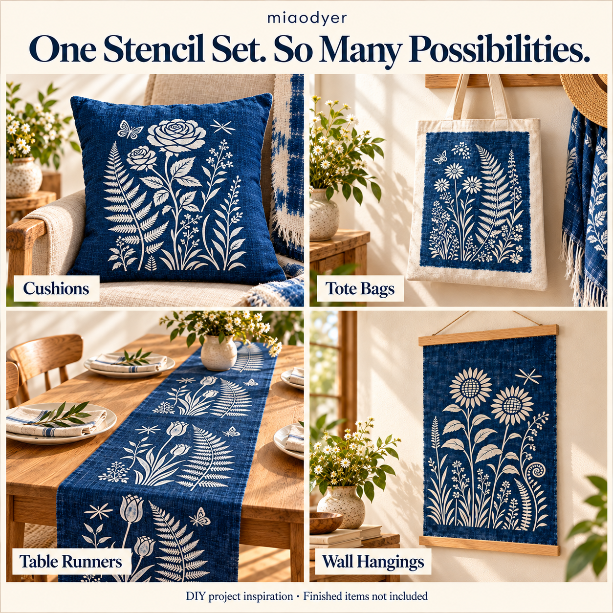 Six botanical PET stencil sheets included in the set; fabric, paste, dye, tools, finished items and course are excluded.
