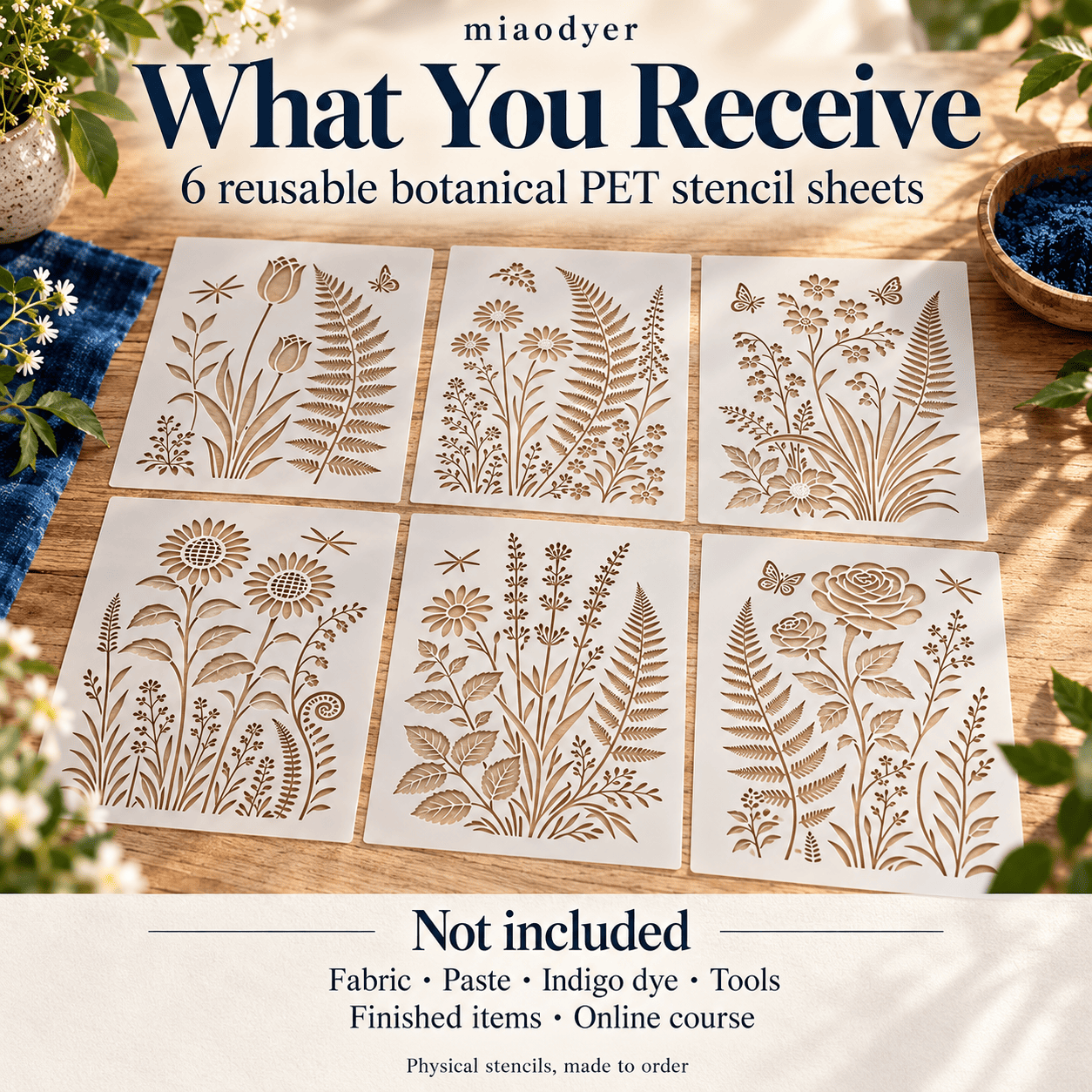 DIY botanical stencil project ideas featuring an indigo cushion, tote bag, table runner and wall hanging.