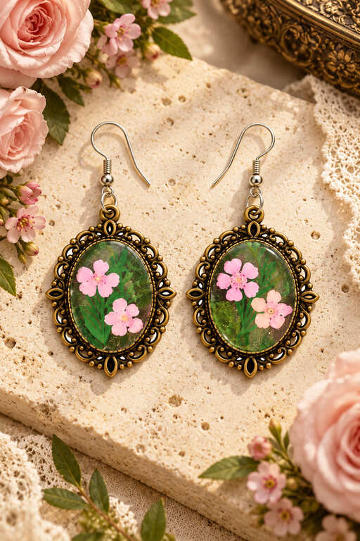 Handmade pressed flower resin earrings with pink flowers and vintage bronze-tone frames displayed among pink roses and botanical styling.