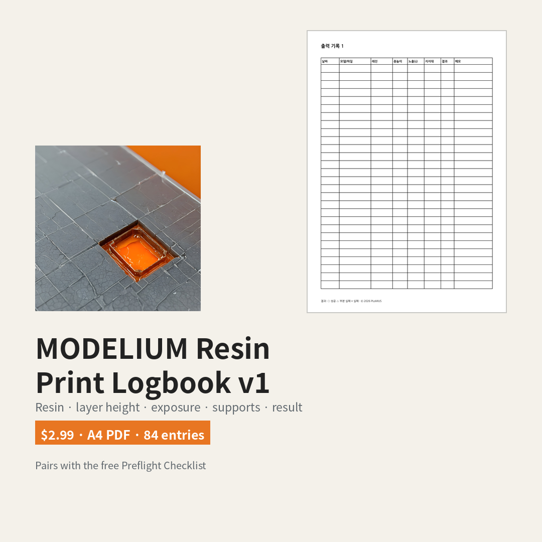 MODELIUM Resin Print Logbook English portrait promo — reduced log sheet example and 84 entries