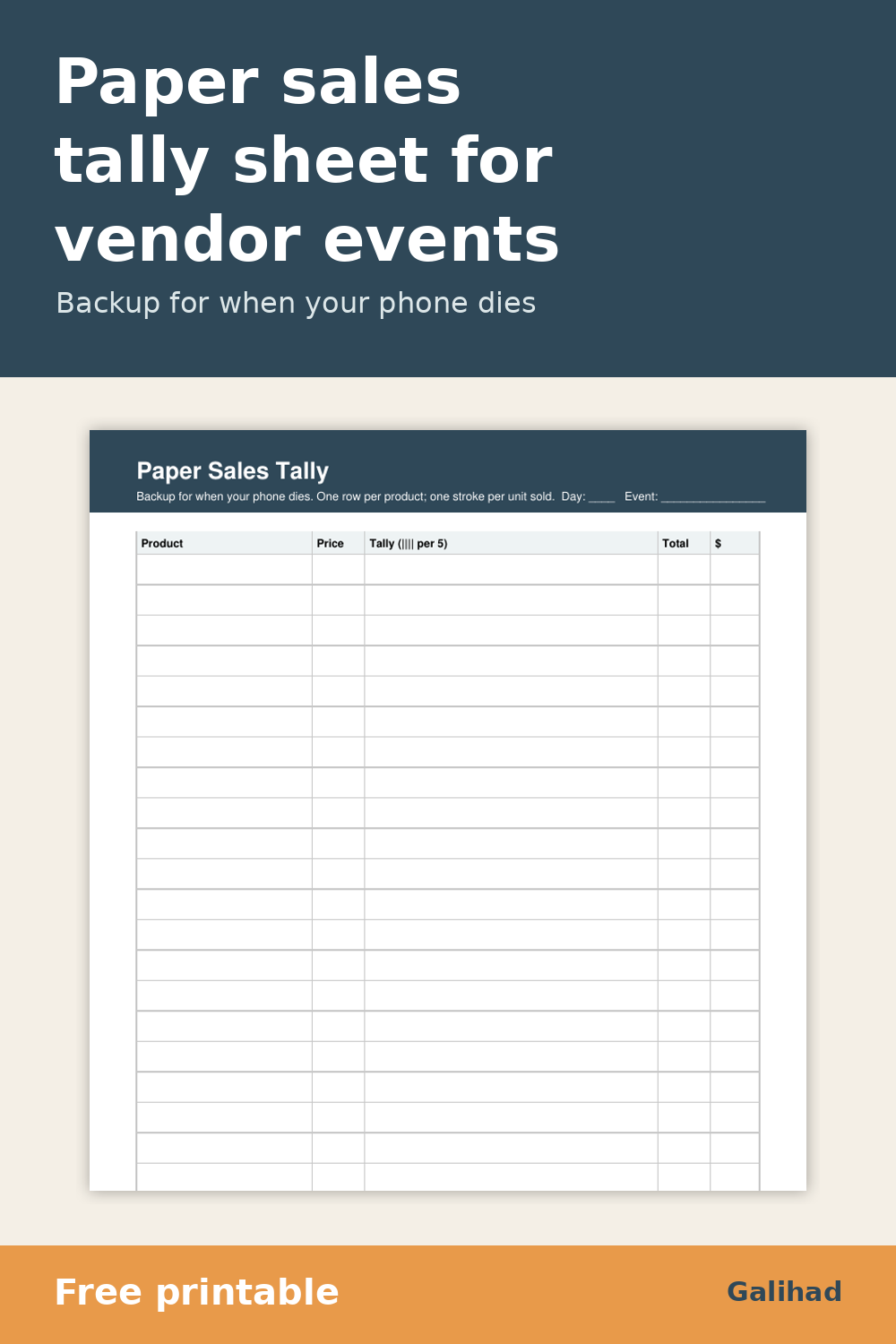 Printable paper sales tally sheet for vendor events