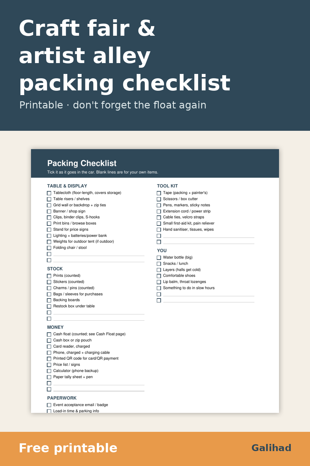 Printable craft fair and artist alley packing checklist