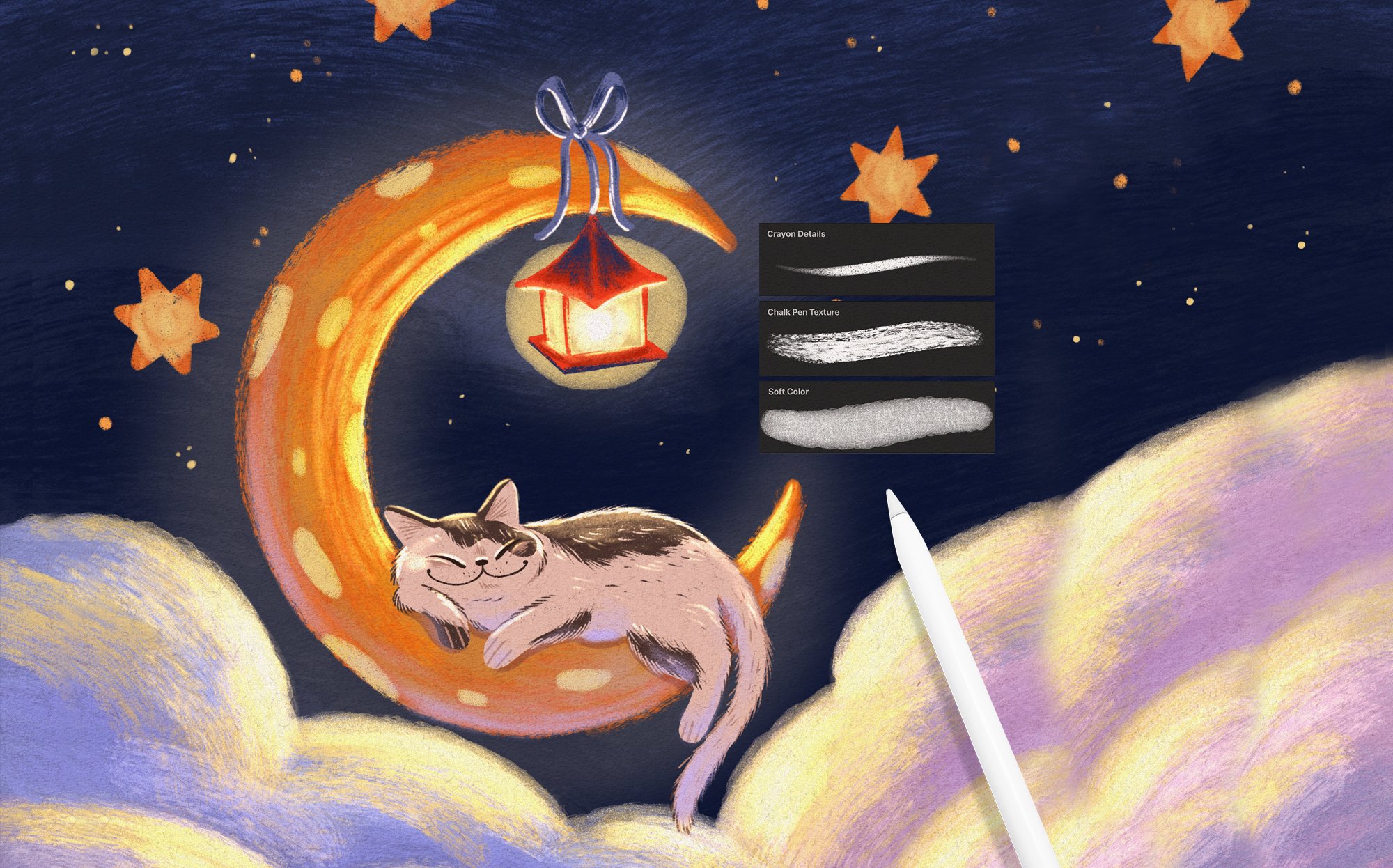Cute cat whimsical procreate drawing with texture procreate brush pack