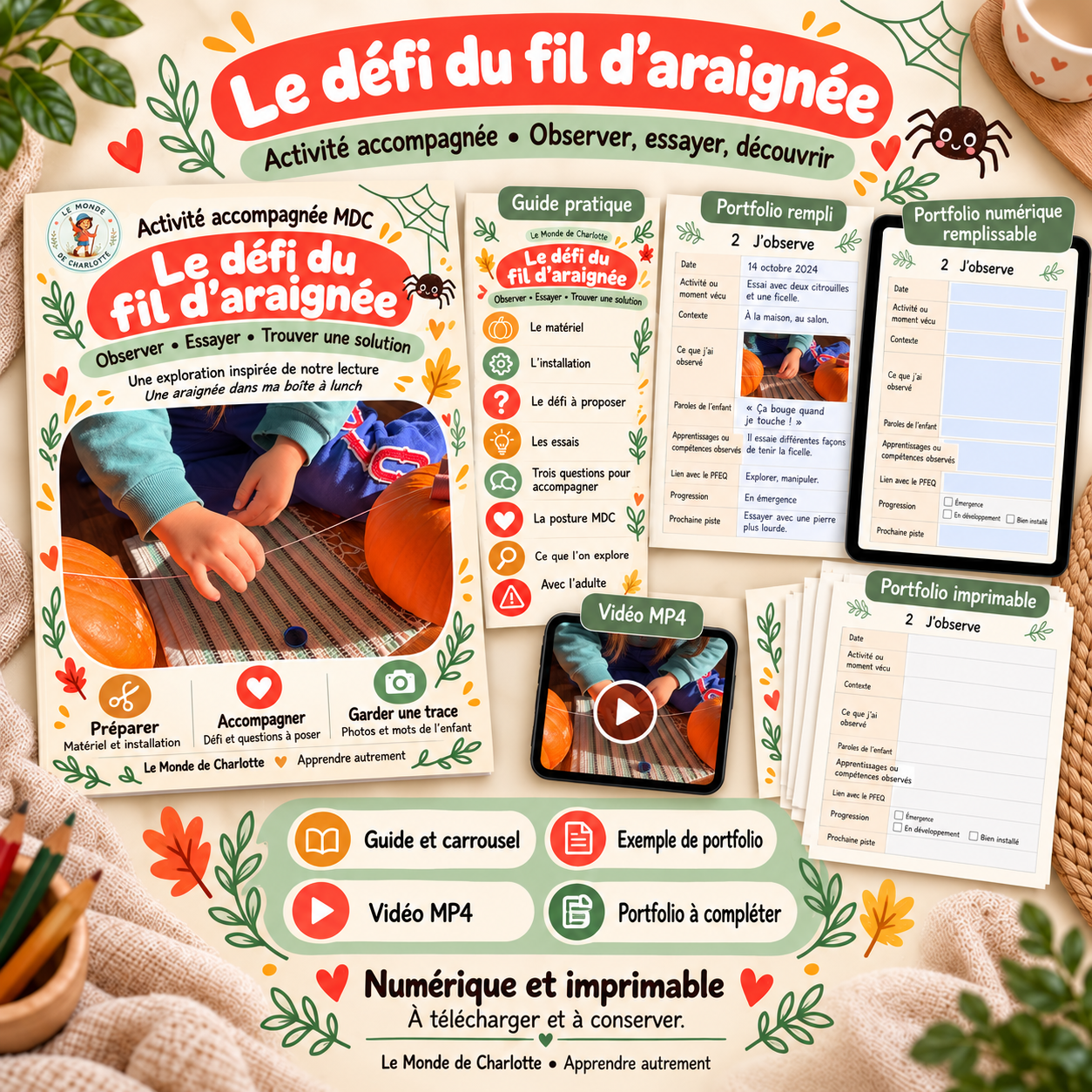 Ensemble MDC Le défi du fil d’araignée : guide pratique, portfolios imprimable et numérique, et vidéo. Un enfant manipule un fil tendu entre deux citrouilles.