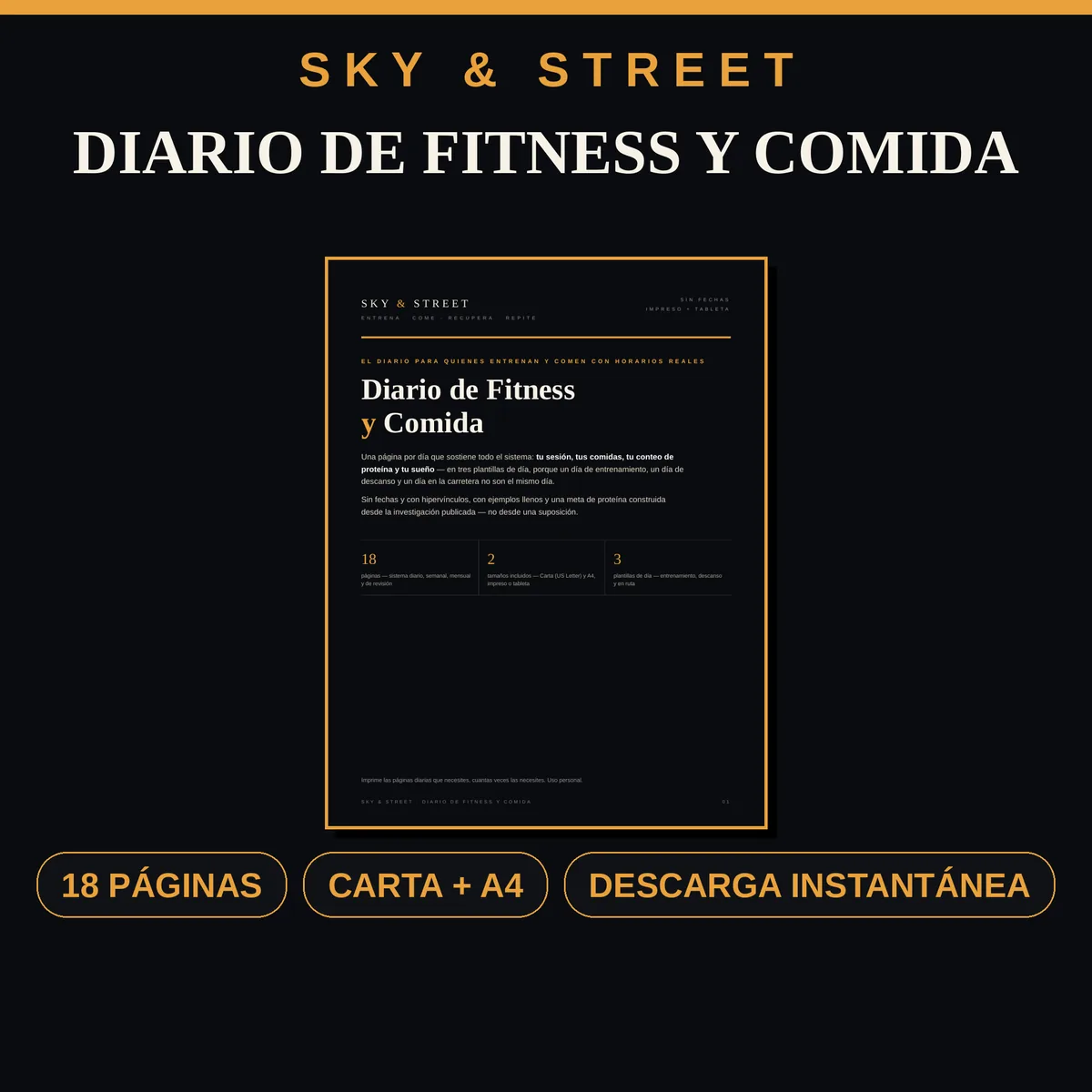 Diario de Fitness y Comida — 90 Días portada — diario imprimible de fitness y alimentación de 90 días, A4 y Carta