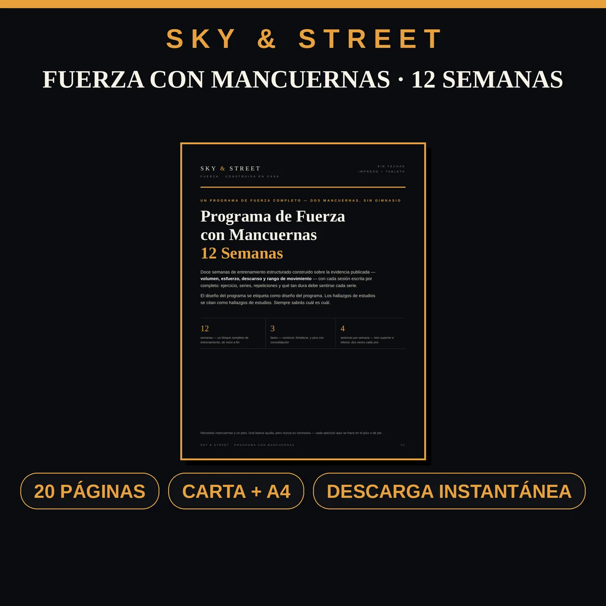 Programa de Fuerza con Mancuernas — 12 Semanas portada — programa imprimible con mancuernas de 12 semanas, A4 y Carta