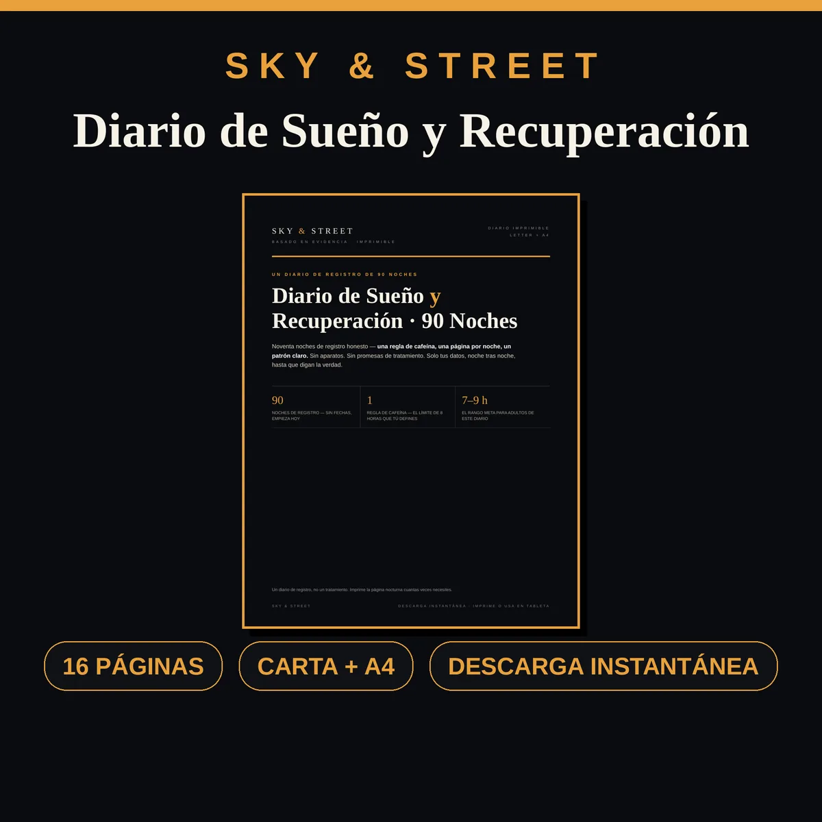 Diario de Sueño y Recuperación — 90 Noches portada — diario imprimible de sueño y recuperación de 90 noches, A4 y Carta