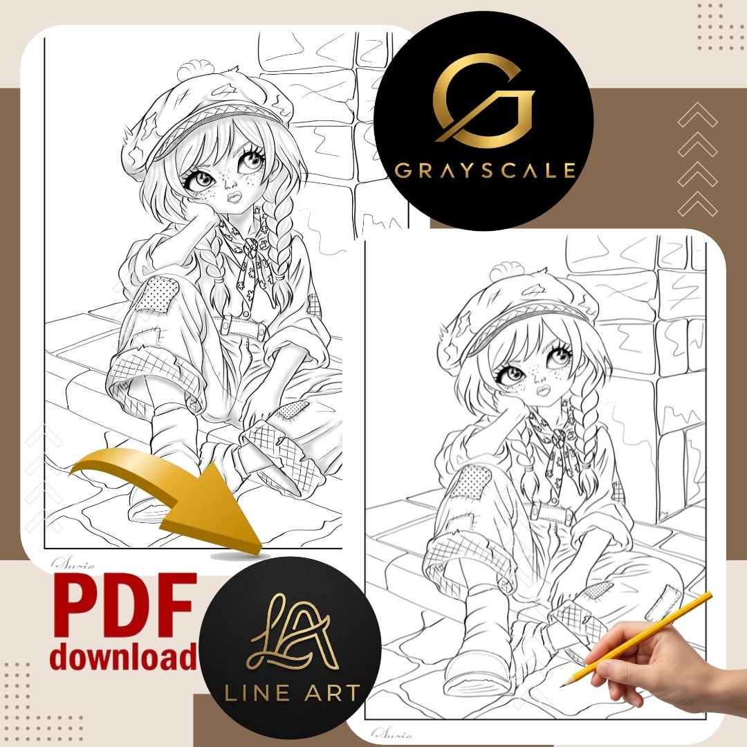 Adult Coloring Page PDF – Cute Boho Girl "Suzie" | Line Art & Grayscale Instant Download | Printable Coloring Sheet for Colored Pencils