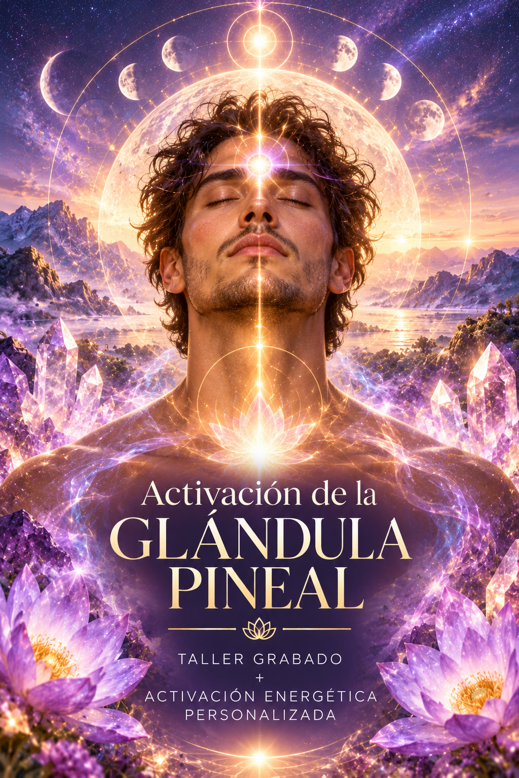 Hombre meditando con los ojos cerrados y luz en el tercer ojo, rodeado de geometría sagrada, cristales y energía cósmica violeta. Taller online de Activación de la Glándula Pineal de Ajna Gaia.
