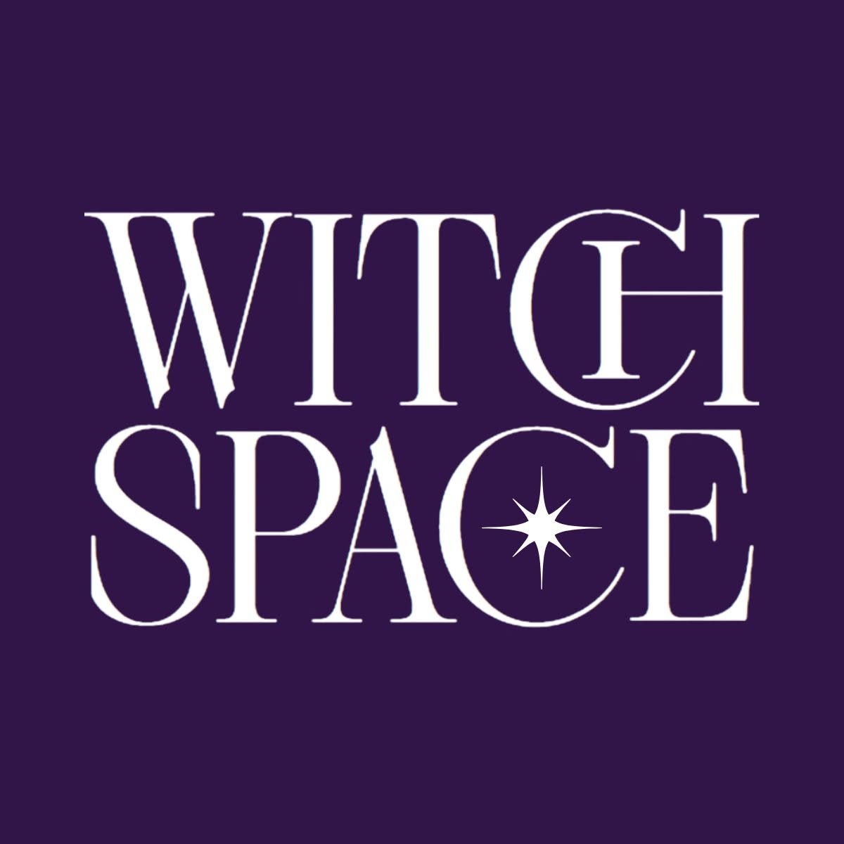 Witchspace logo featuring white font on deep purple background with a "shining" 8-point star centered inside the "c" of "space"