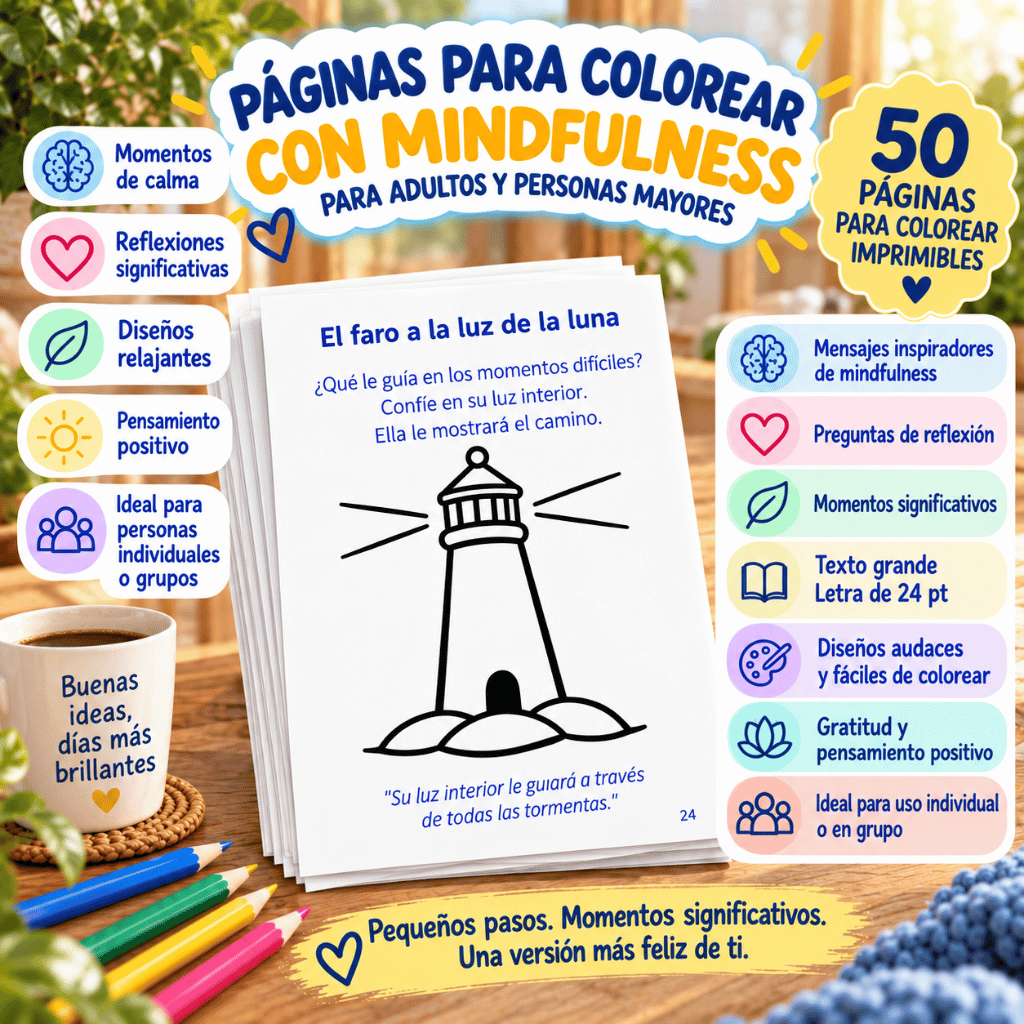 Libro de coloreado consciente en español con mensajes inspiradores que invitan a la calma, la gratitud y el pensamiento positivo.