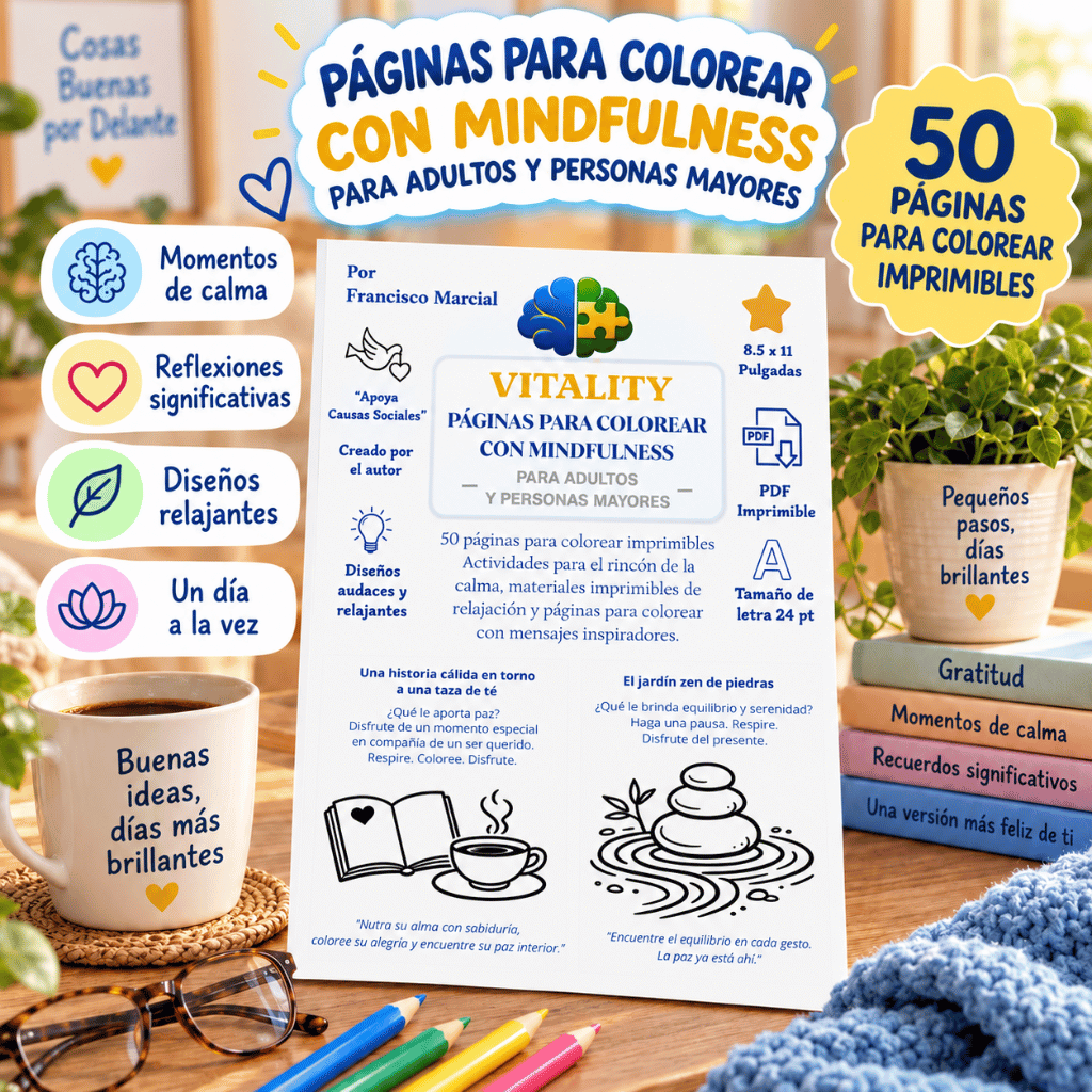 Libro para colorear con mindfulness para adultos y personas mayores de Vitality Publishing, con actividades de calma, gratitud y reflexión en español.