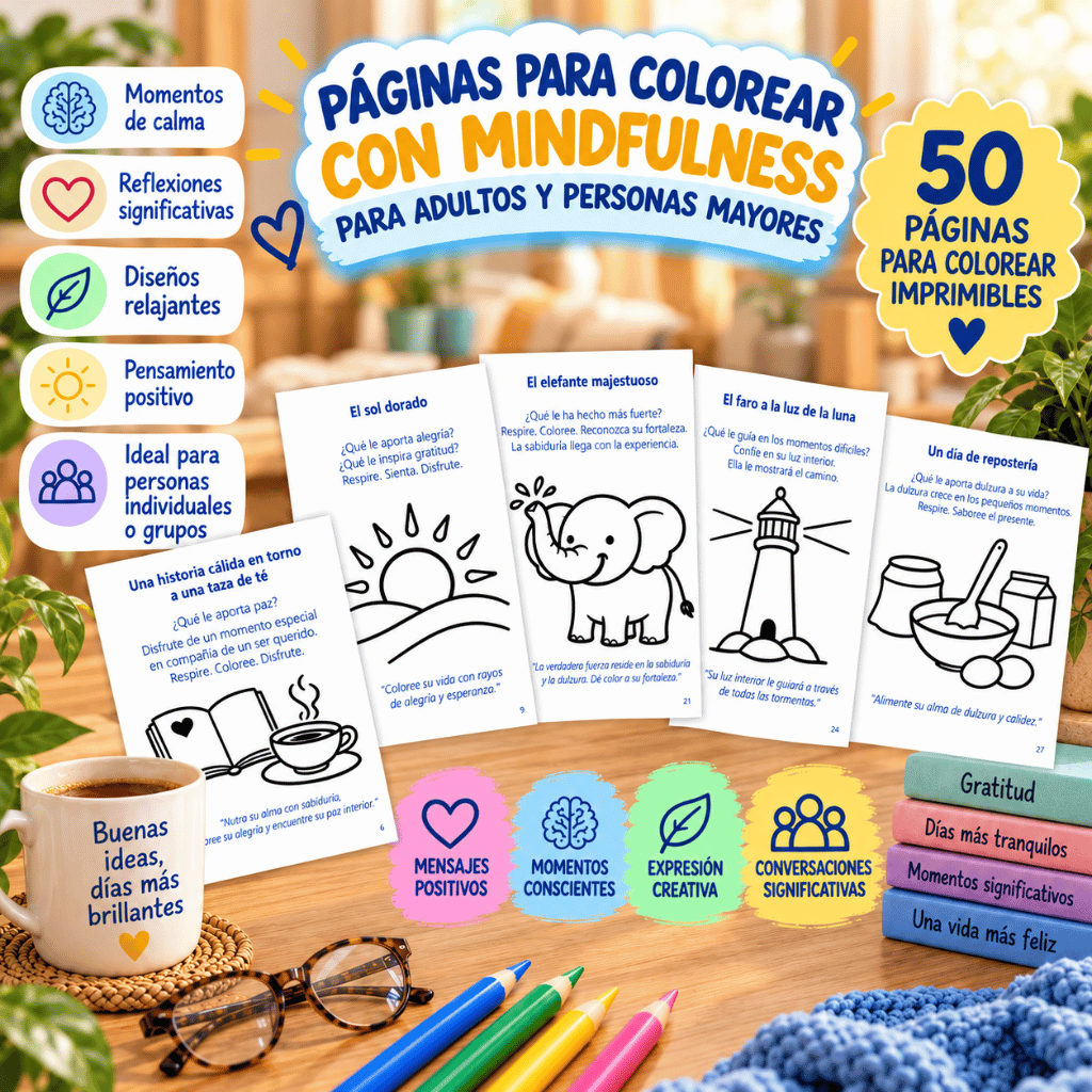 Páginas para colorear para adultos y personas mayores, con ilustraciones grandes, trazos definidos y diseños fáciles de colorear.