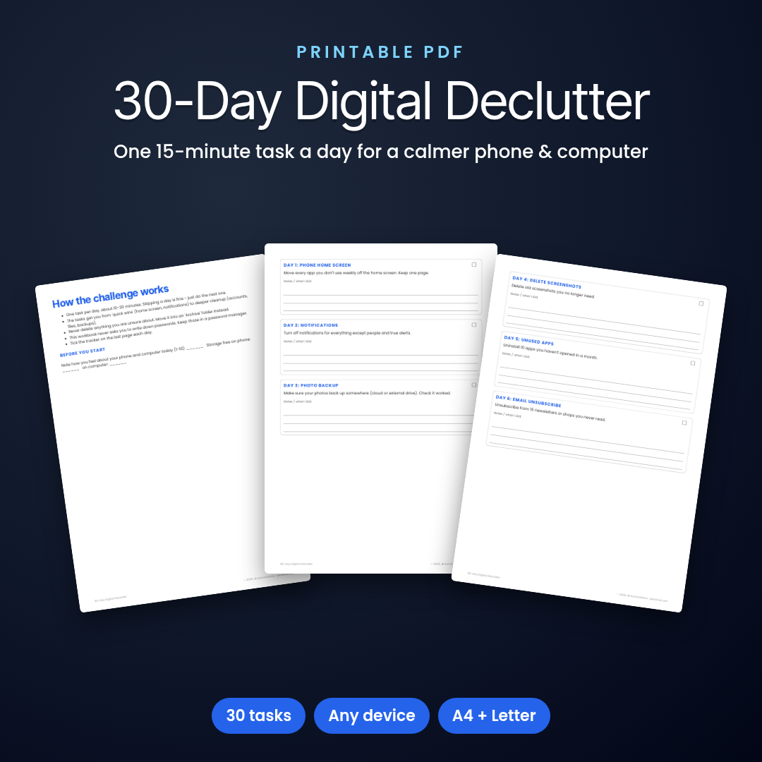 30-Day Digital Declutter Challenge: Phone, Computer, Email & Accounts (Printable Workbook)