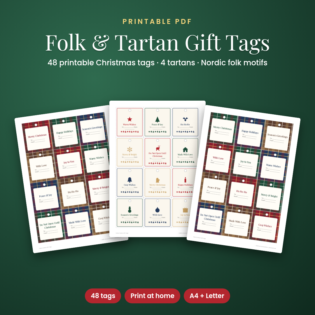 Folk &amp; Tartan Christmas Gift Tags: 48 Printable Tags in 4 Tartans + Nordic Folk Motifs