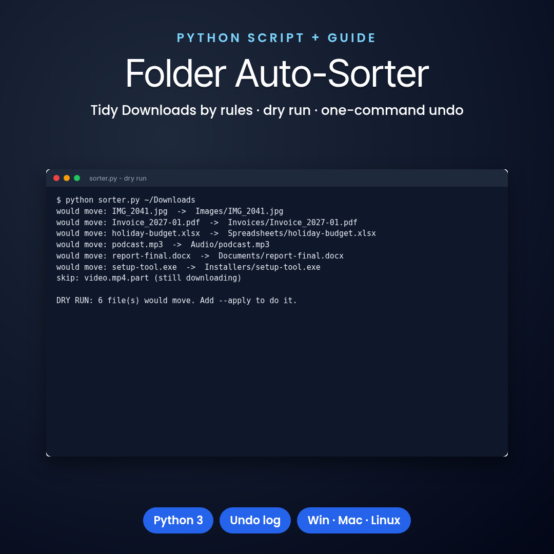 Python Folder Auto-Sorter: Tidy Downloads by Rules with Dry-Run &amp; Undo (Windows, Mac, Linux)