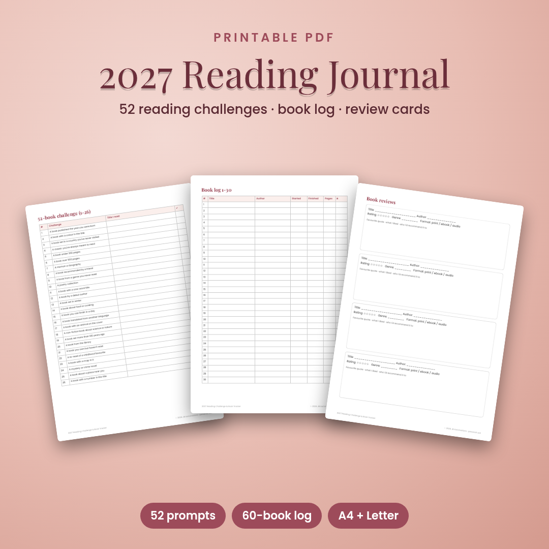 2027 Reading Challenge &amp; Book Tracker: 52 Prompts, Book Log &amp; Review Pages (Printable)