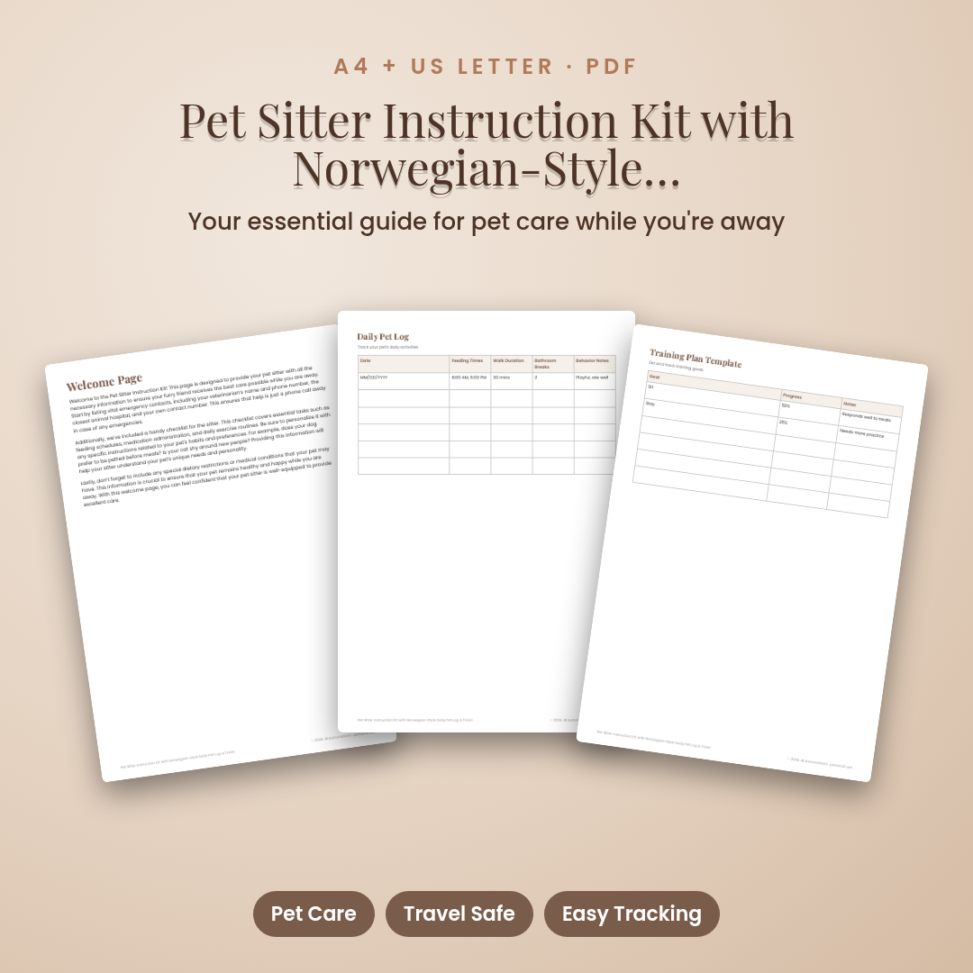 Pet Sitter Instruction Kit with Norwegian-Style Daily Pet Log & Training Tracker