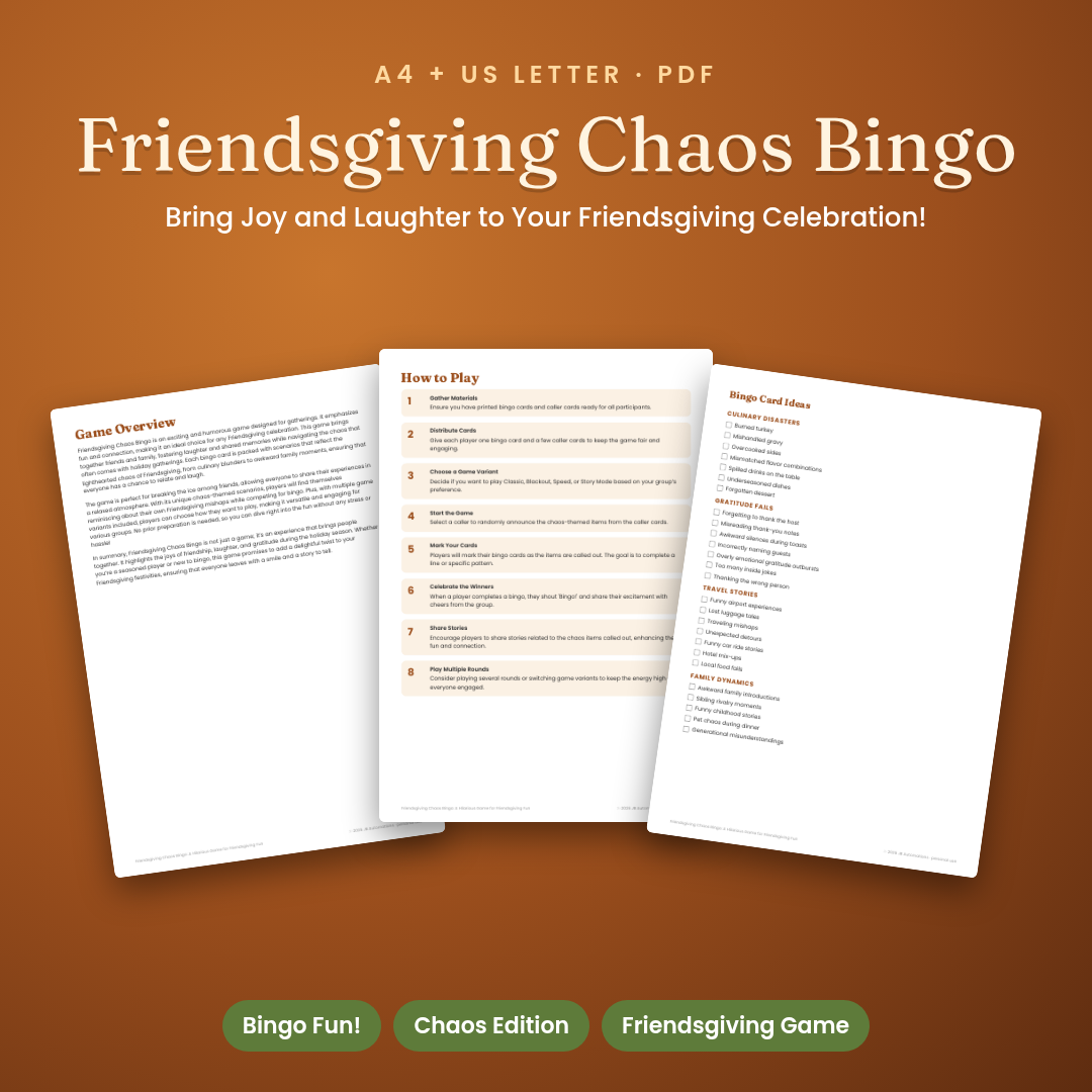 Friendsgiving Chaos Bingo: A Hilarious Game for Friendsgiving Fun