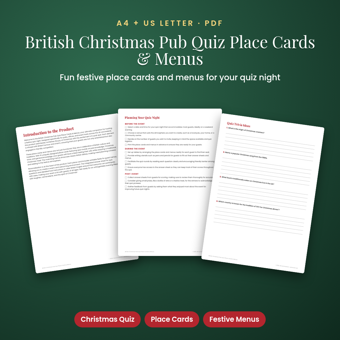 British Christmas Pub Quiz Place Cards &amp; Menus