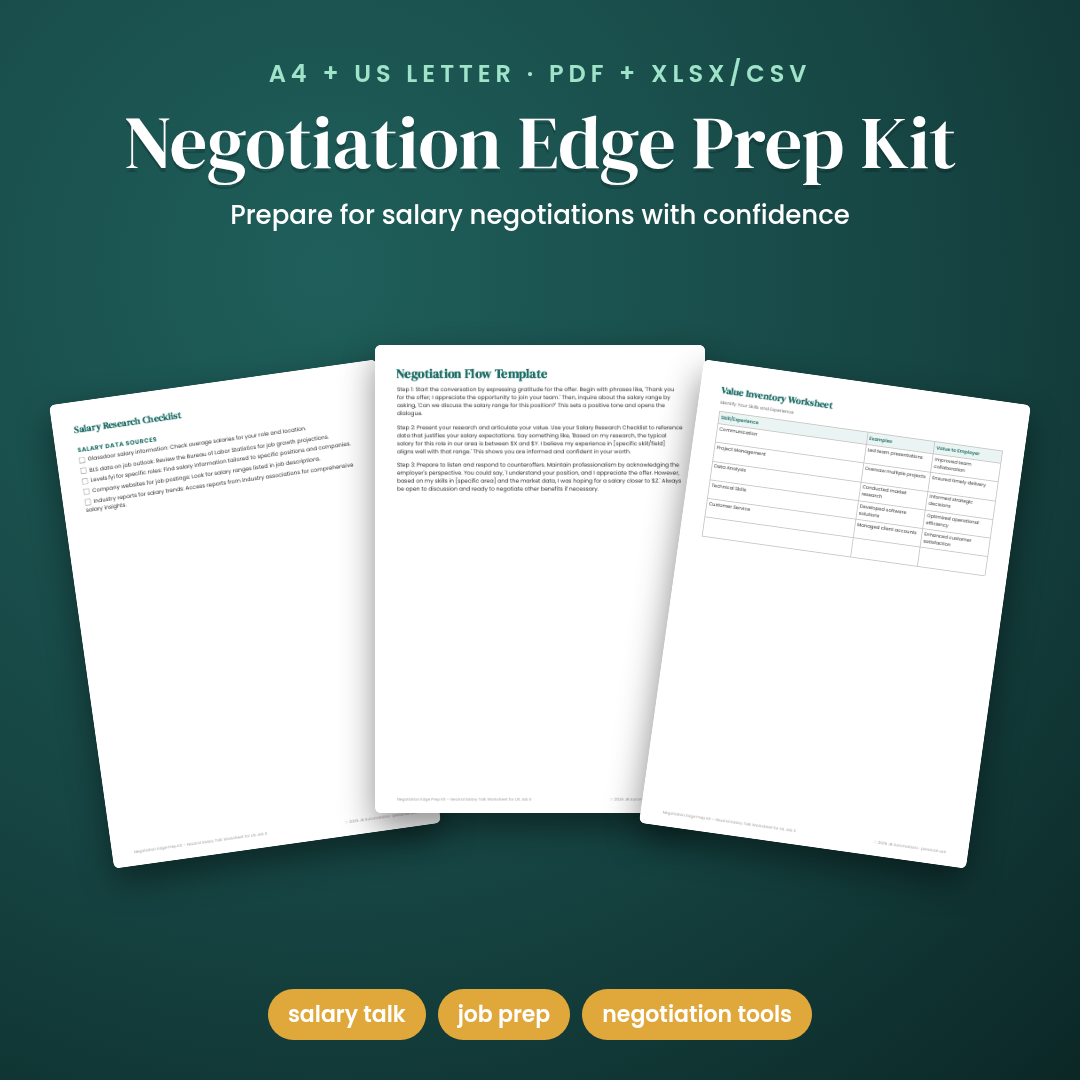 Negotiation Edge Prep Kit – Neutral Salary Talk Worksheet for US Job Seekers