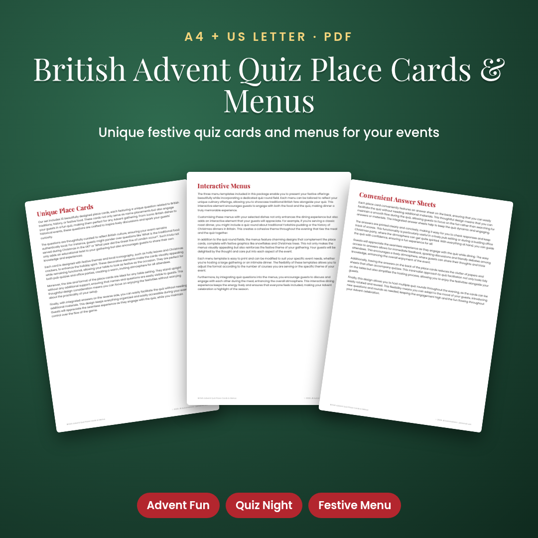 British Advent Quiz Place Cards & Menus
