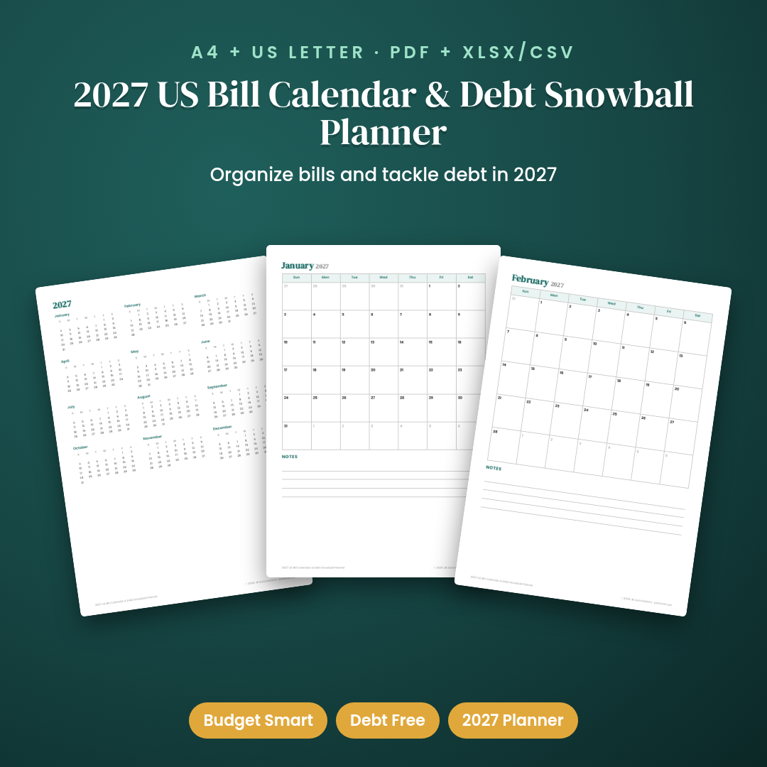 2027 US Bill Calendar &amp; Debt Snowball Planner