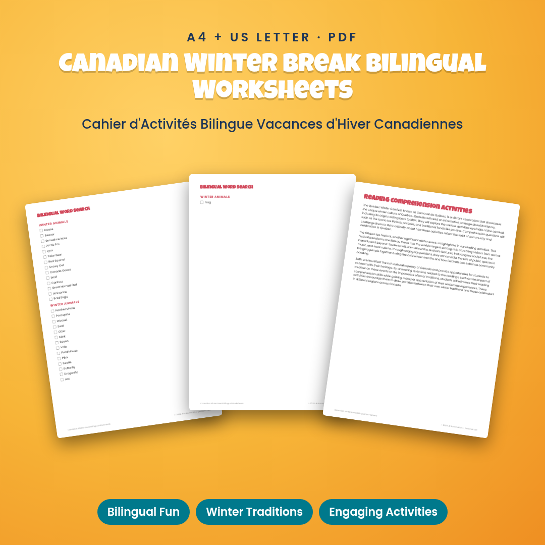 Canadian Winter Break Bilingual Worksheets