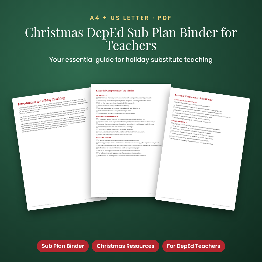 Christmas DepEd Sub Plan Binder for Teachers