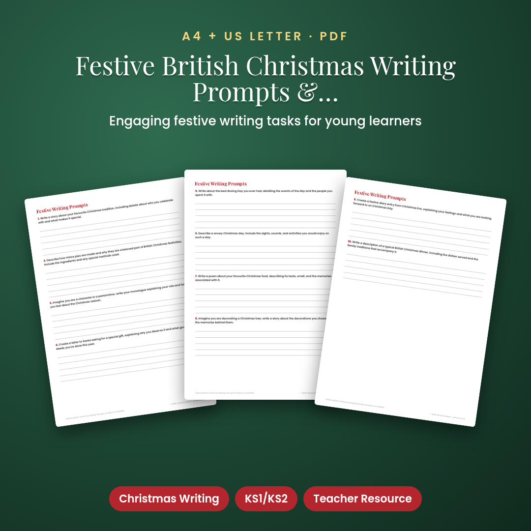 Festive British Christmas Writing Prompts & Rubrics for KS1/KS2