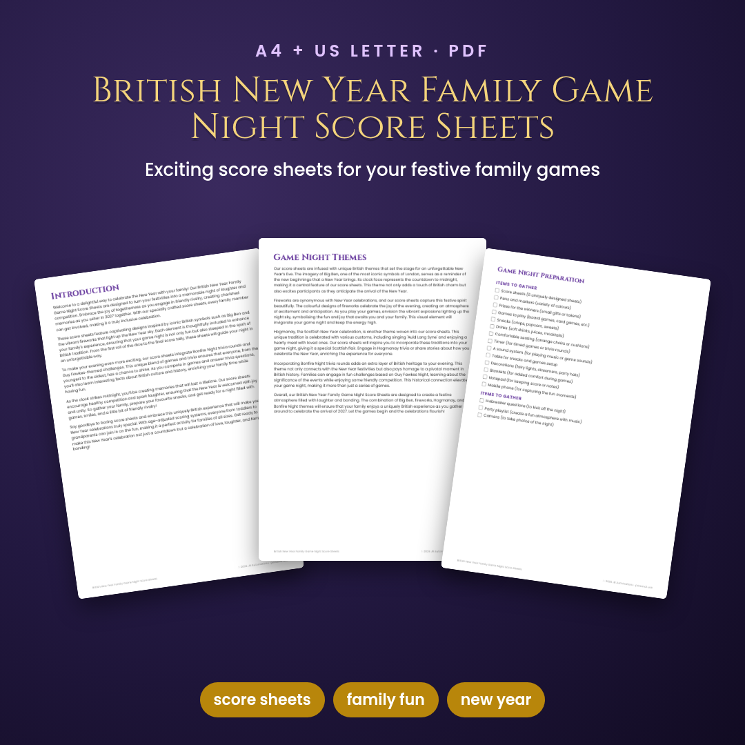 British New Year Family Game Night Score Sheets