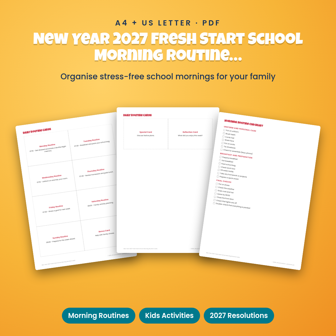 New Year 2027 Fresh Start School Morning Routine Cards