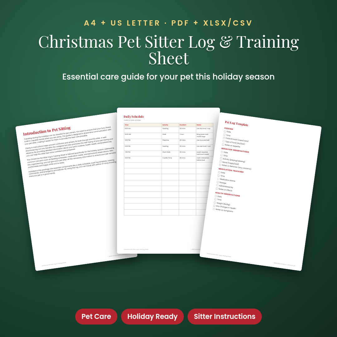 Christmas Pet Sitter Log & Training Sheet
