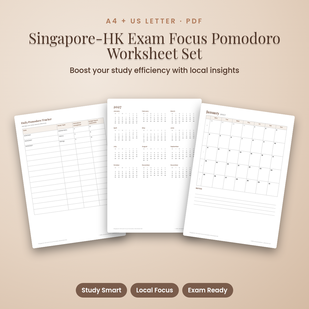 Singapore-HK Exam Focus Pomodoro Worksheet Set
