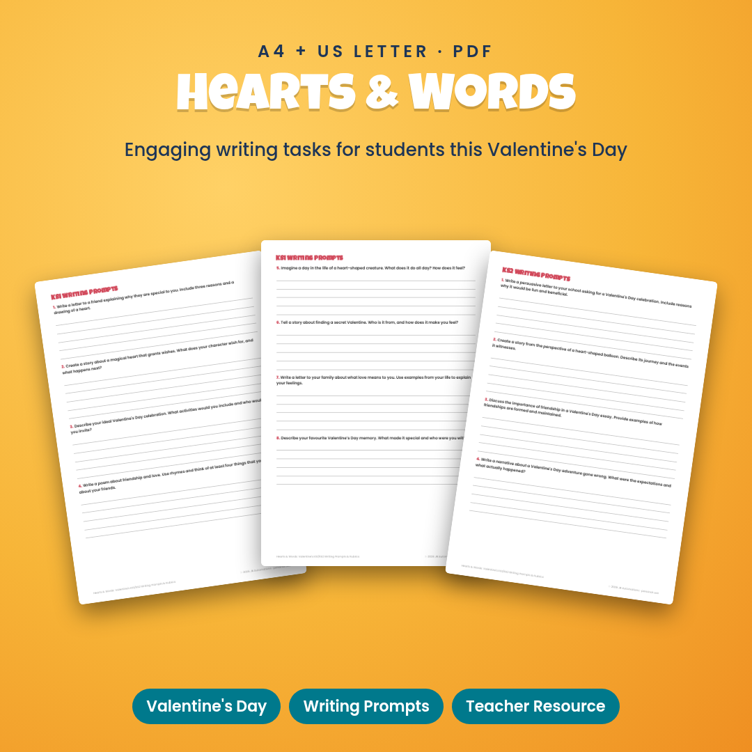 Hearts & Words: Valentine's KS1/KS2 Writing Prompts & Rubrics