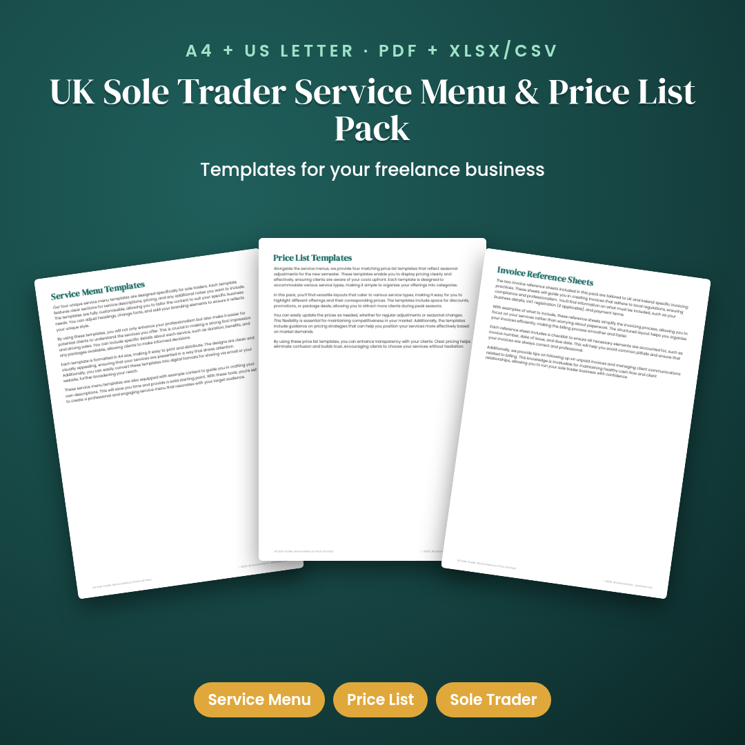 UK Sole Trader Service Menu & Price List Pack