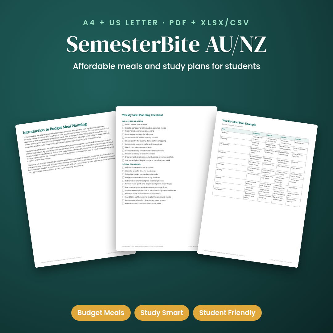 SemesterBite AU/NZ: Weekly Budget Meal Plans with Study Scheduler