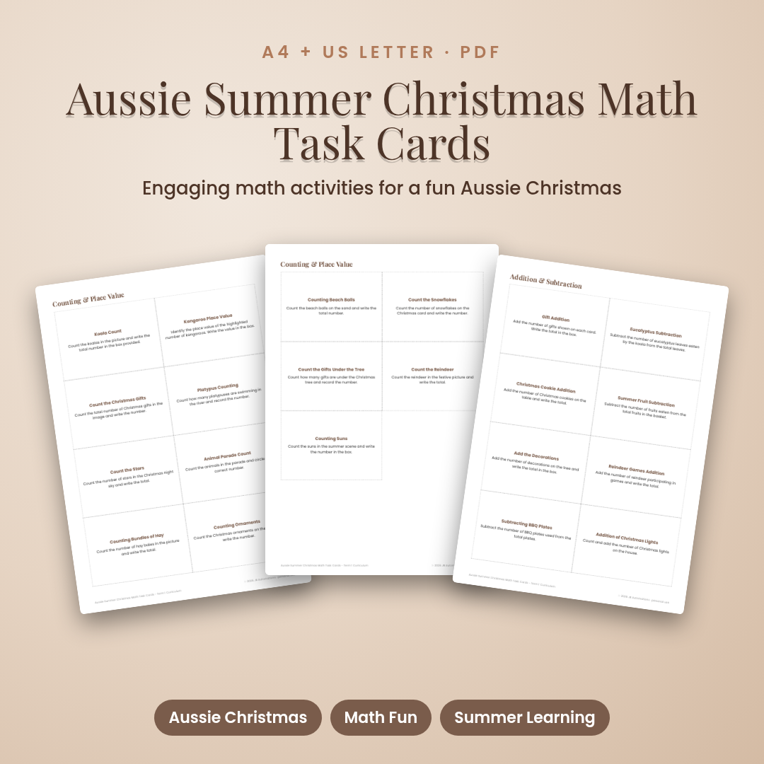 Aussie Summer Christmas Math Task Cards - Term 1 Curriculum