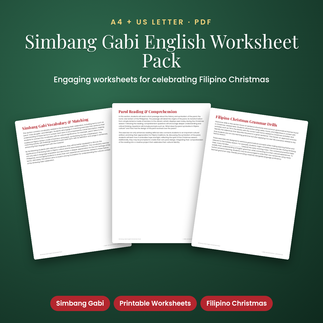 Simbang Gabi English Worksheet Pack