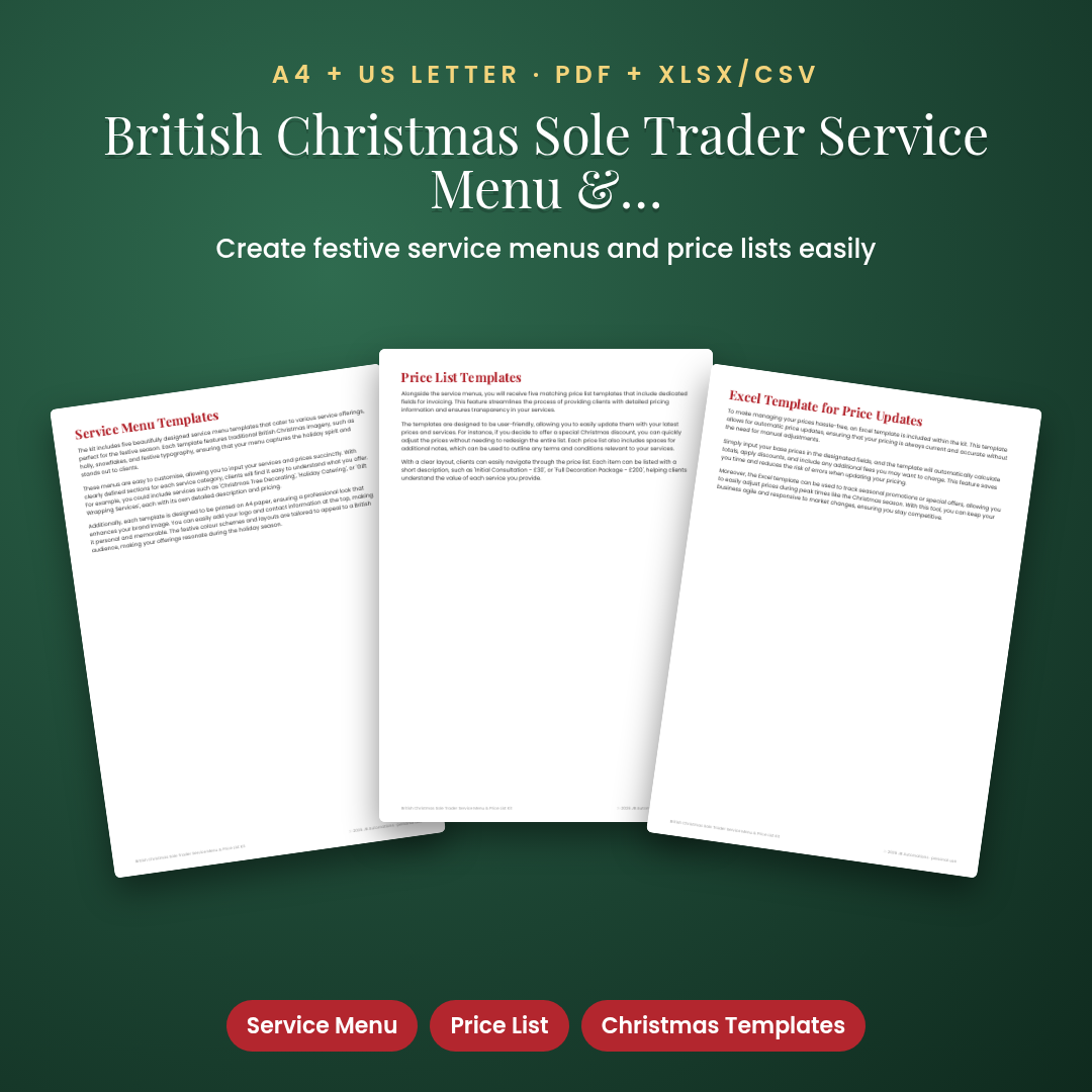 British Christmas Sole Trader Service Menu & Price List Kit