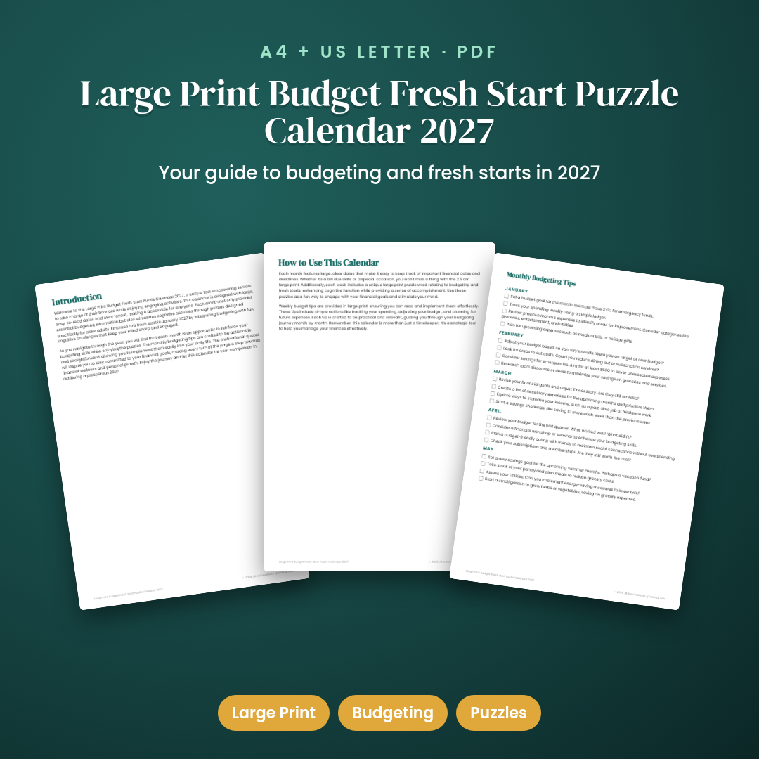 Large Print Budget Fresh Start Puzzle Calendar 2027