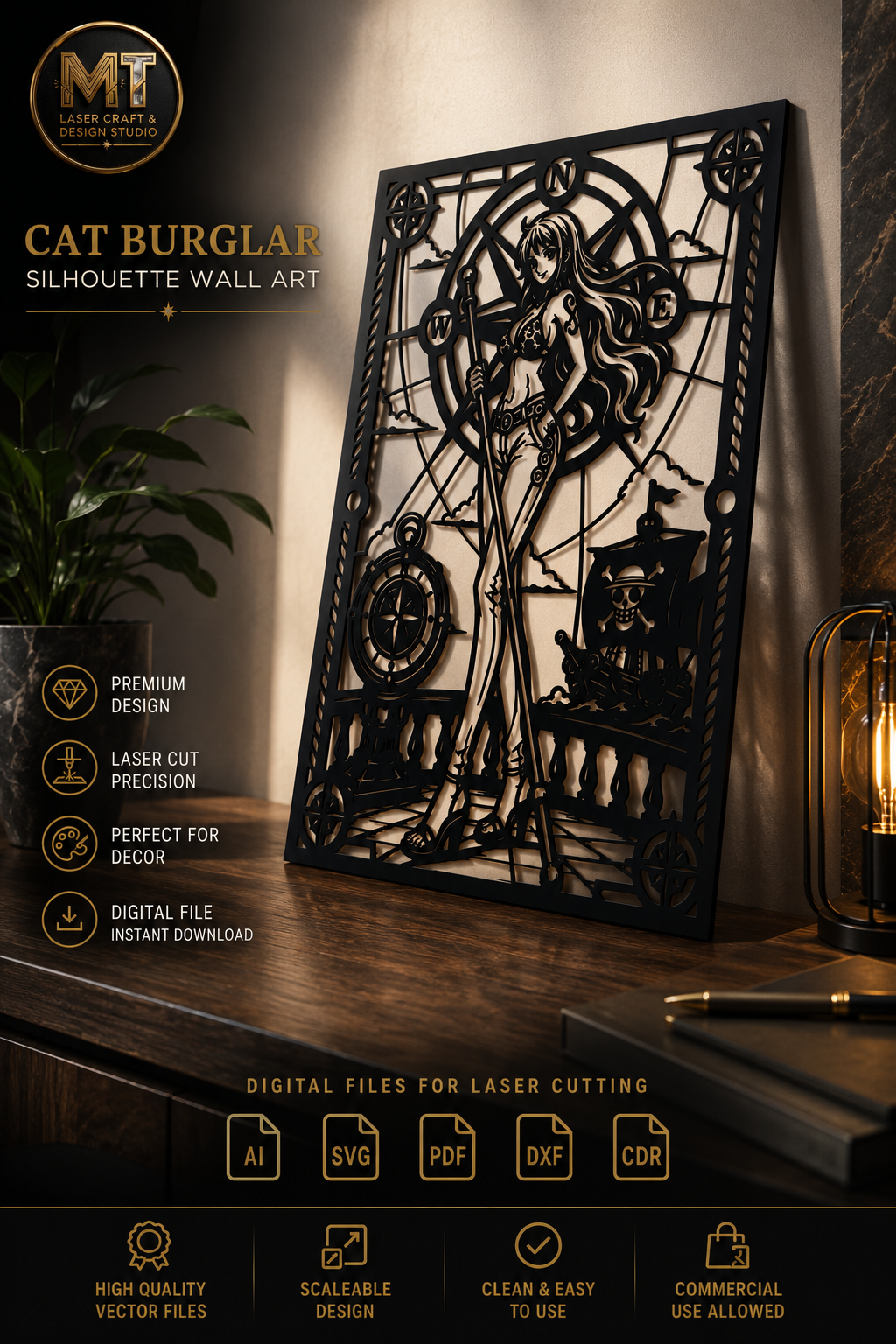 Cat Burglar Silhouette Wall Art | Anime Style Pirate Laser Cut File ...