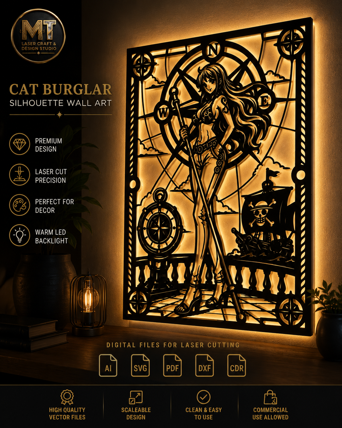 Cat Burglar Silhouette Wall Art | Anime Style Pirate Laser Cut File ...
