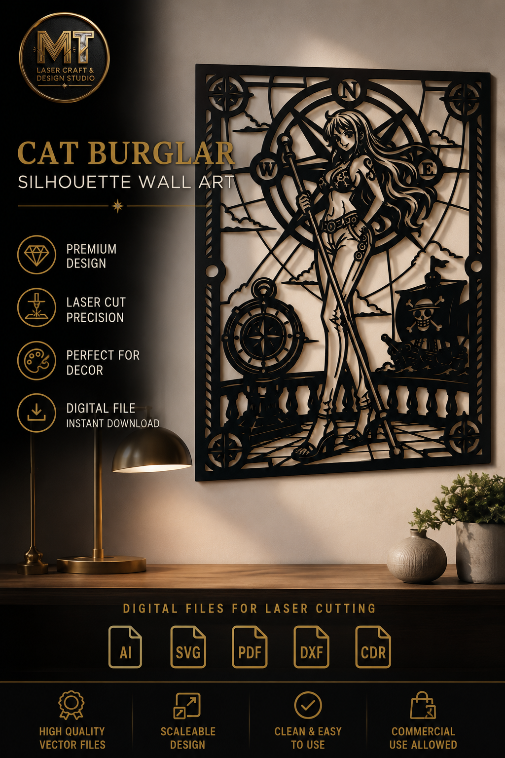 Cat Burglar Silhouette Wall Art | Anime Style Pirate Laser Cut File ...