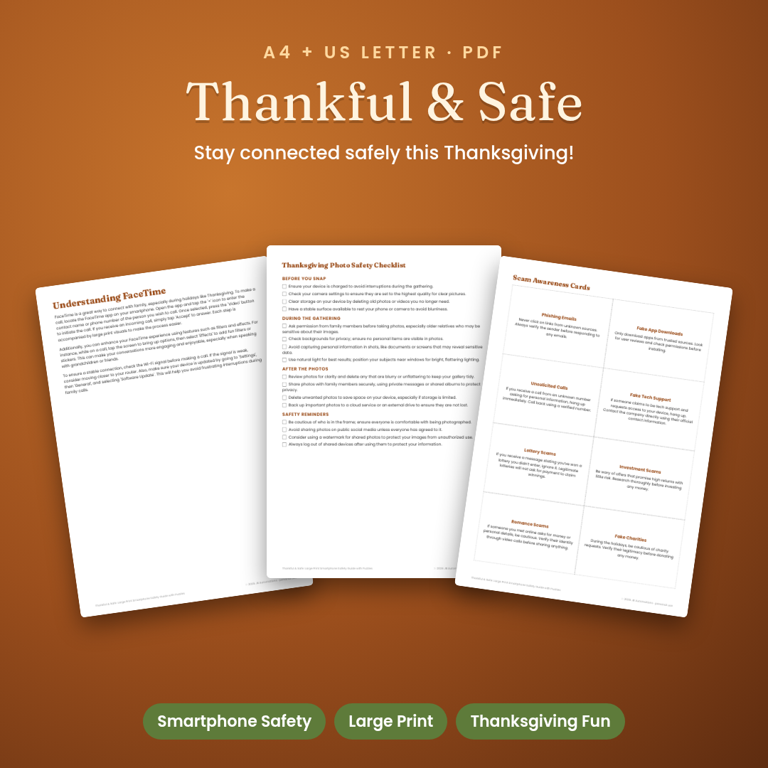 Thankful &amp; Safe: Large Print Smartphone Safety Guide with Puzzles