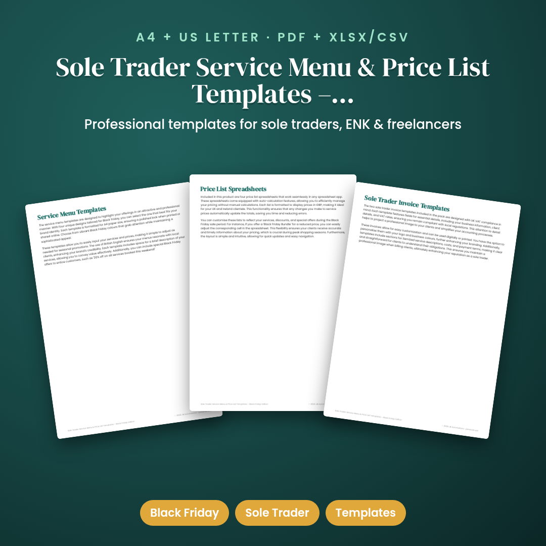 Sole Trader Service Menu &amp; Price List Templates – Black Friday Edition