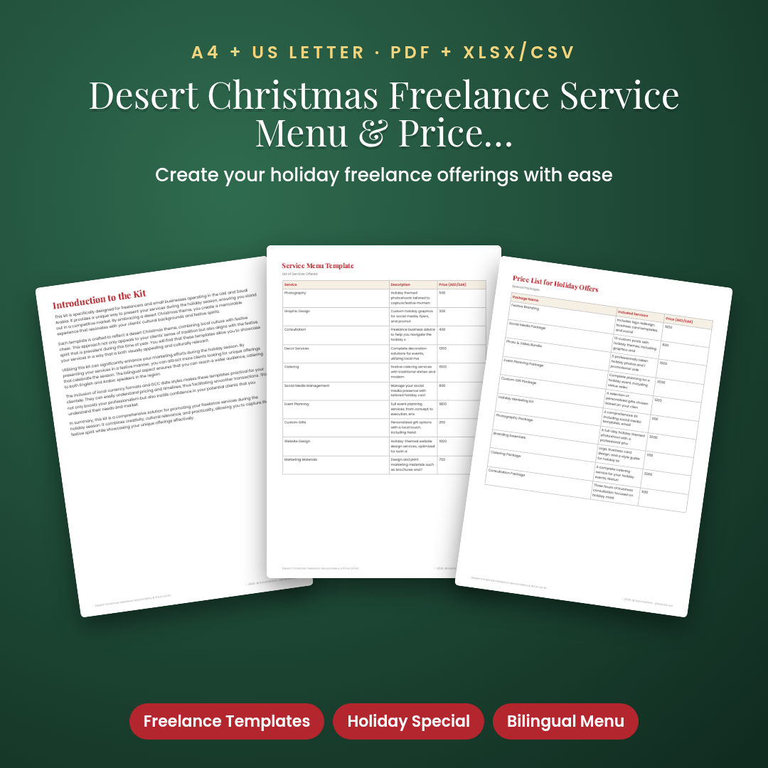 Desert Christmas Freelance Service Menu &amp; Price List Kit