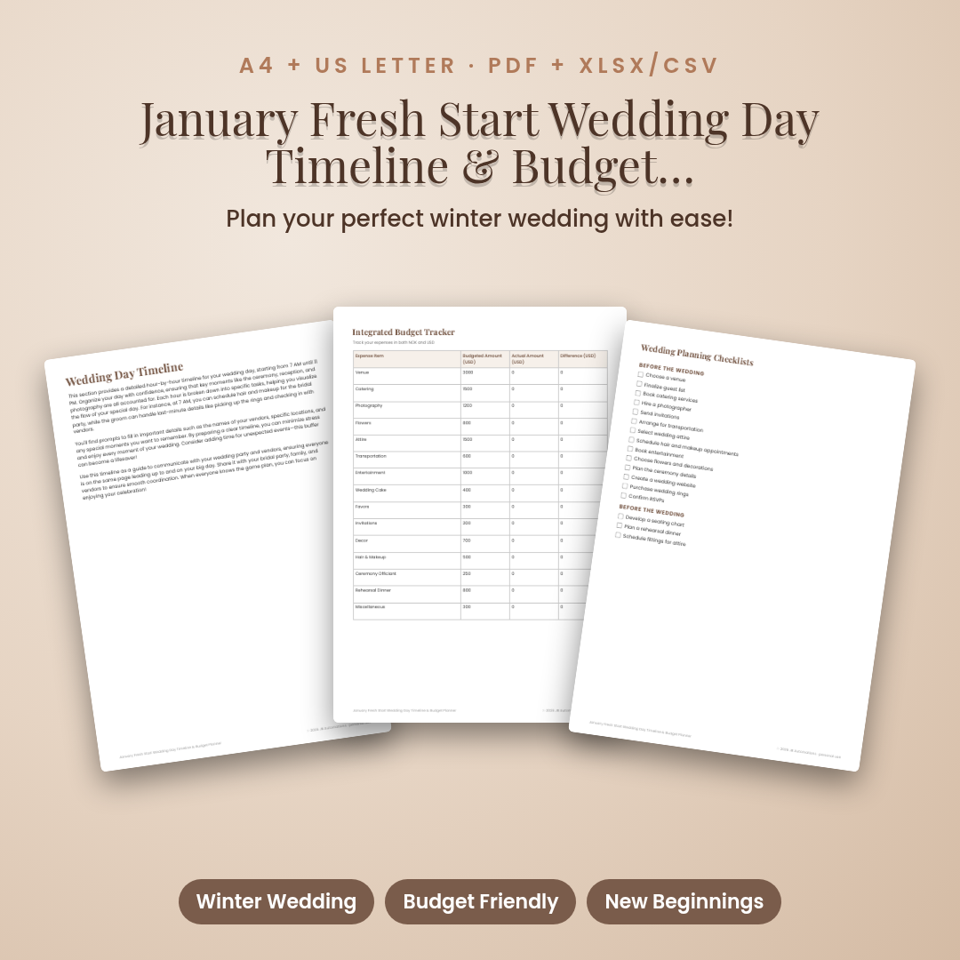 January Fresh Start Wedding Day Timeline &amp; Budget Planner