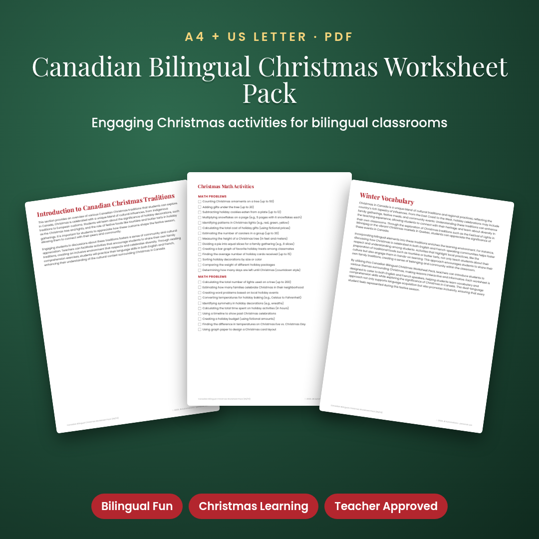 Canadian Bilingual Christmas Worksheet Pack (EN/FR)
