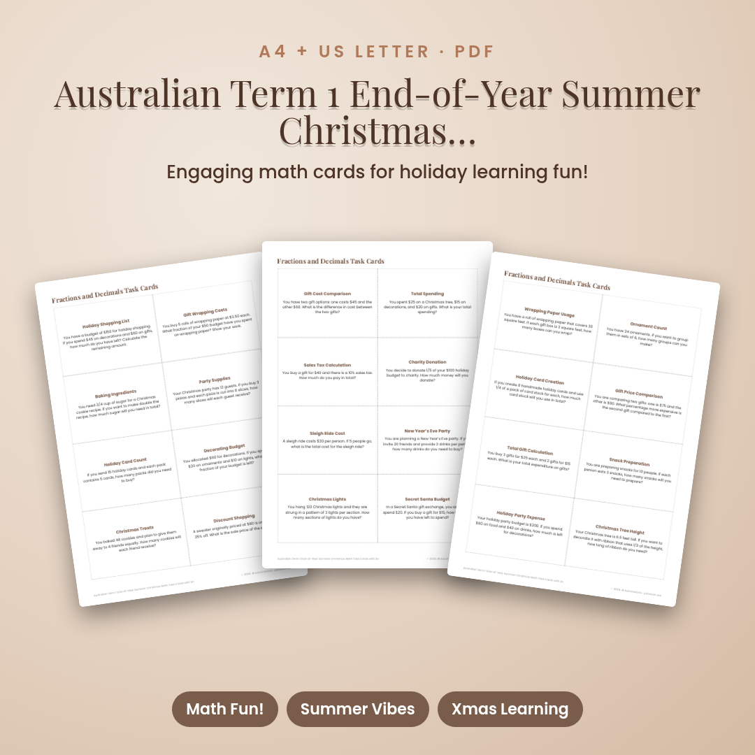 Australian Term 1 End-of-Year Summer Christmas Math Task Cards with Answer Key